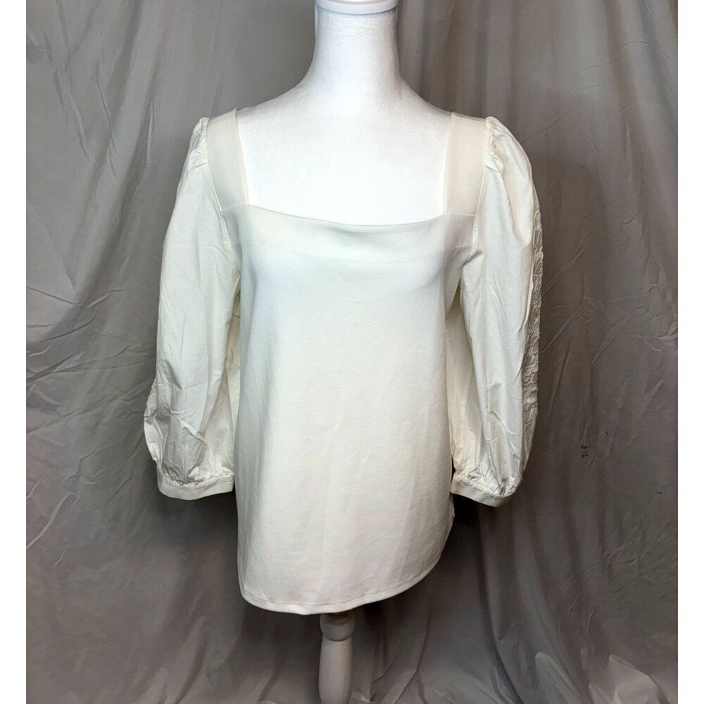 Ann Taylor White Linen Fabric Floral Eyelet Square Neck Blouse Flair
